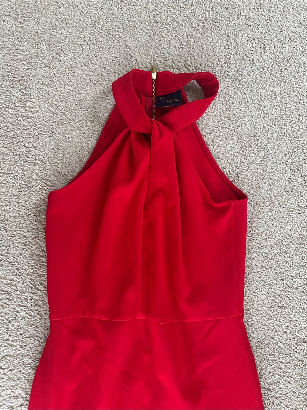 Elegant Just Taylor Red Twist-Halter Midi Dress with Gold Hardware - Picture 2 of 7